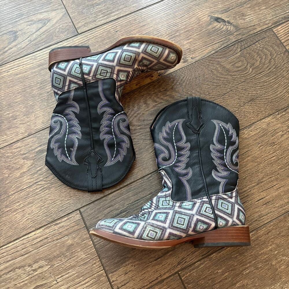 Roper Cowboy Boots Glitter Diamonds Black Purple Blue Western Kids Size 2
